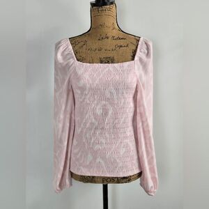 HALOGEN Smocked Long Puff Sleeve Blouse Sz S Light Pink & White